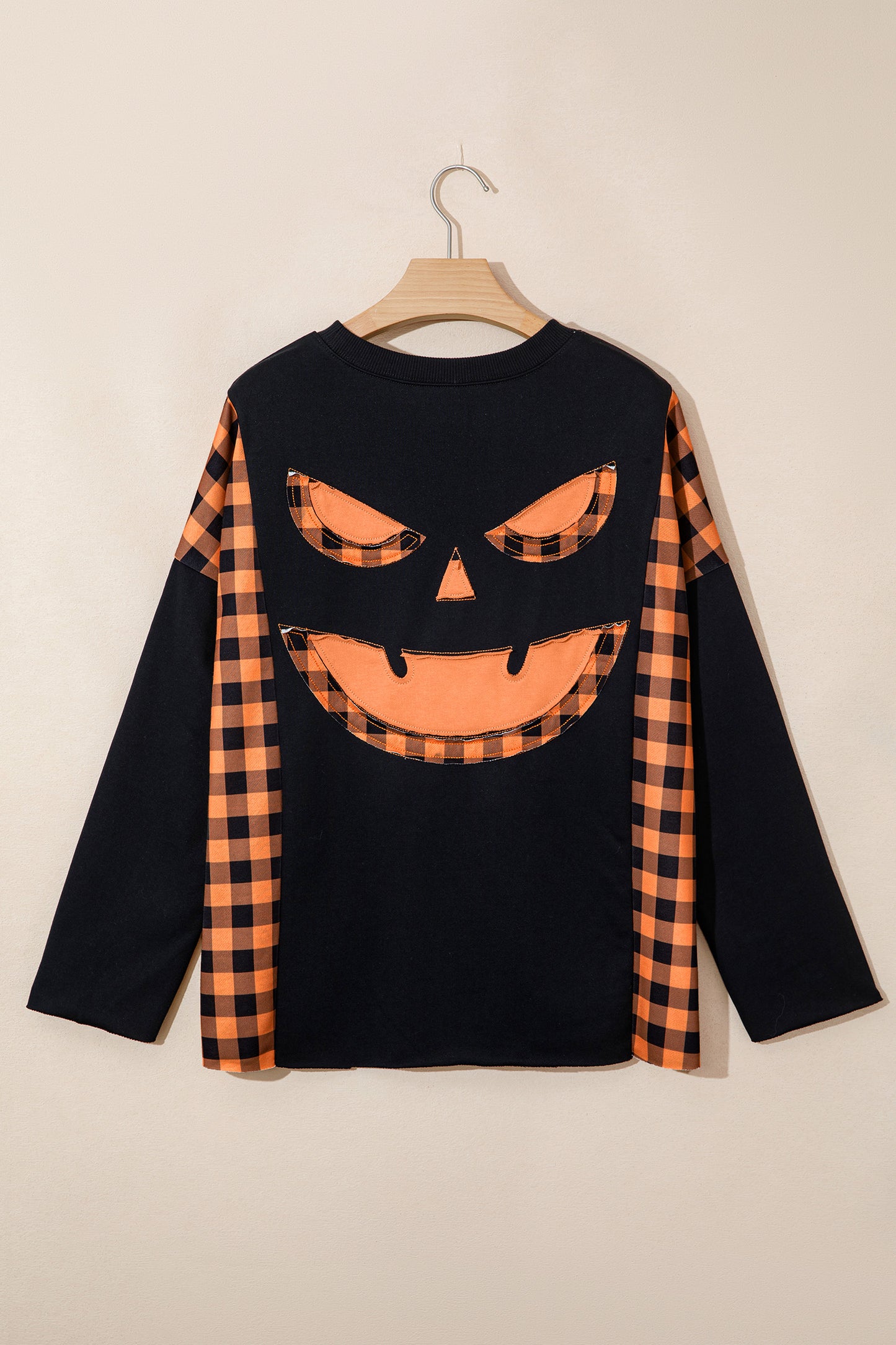 Black Patchwork Plaid Pumpkin Face Long Sleeve Top