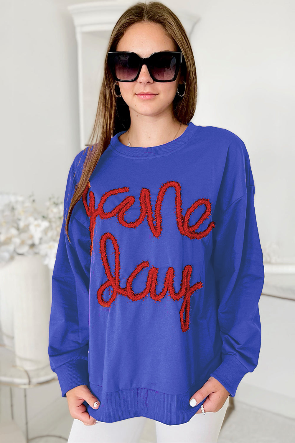 White Tinsel Game Day Drop Shoulder Graphic Sweatshirt