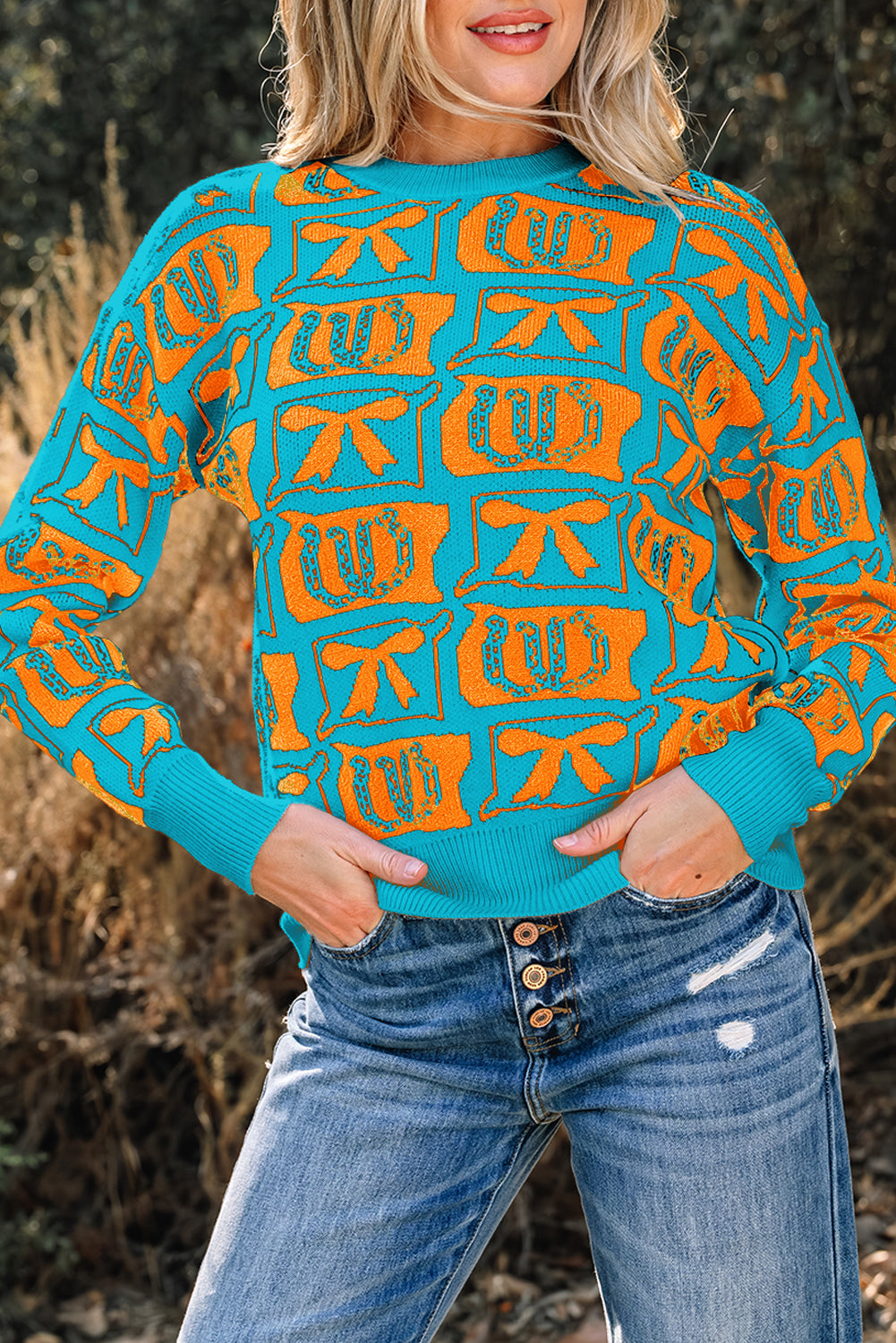 Pink Bows & Horseshoes Pattern Western Fashion Print Sweater