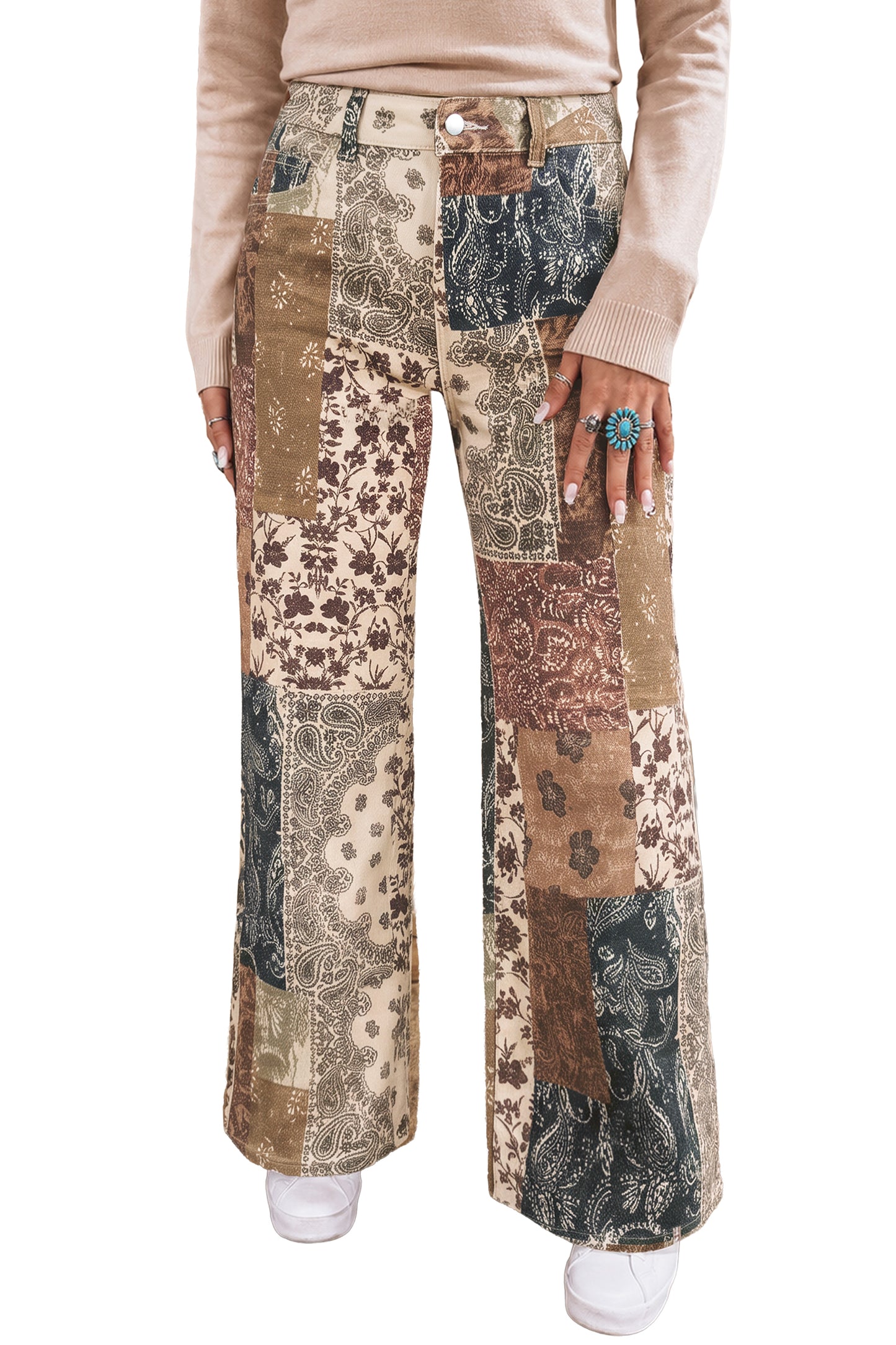 Brown Western Print Casual Shift Jeans