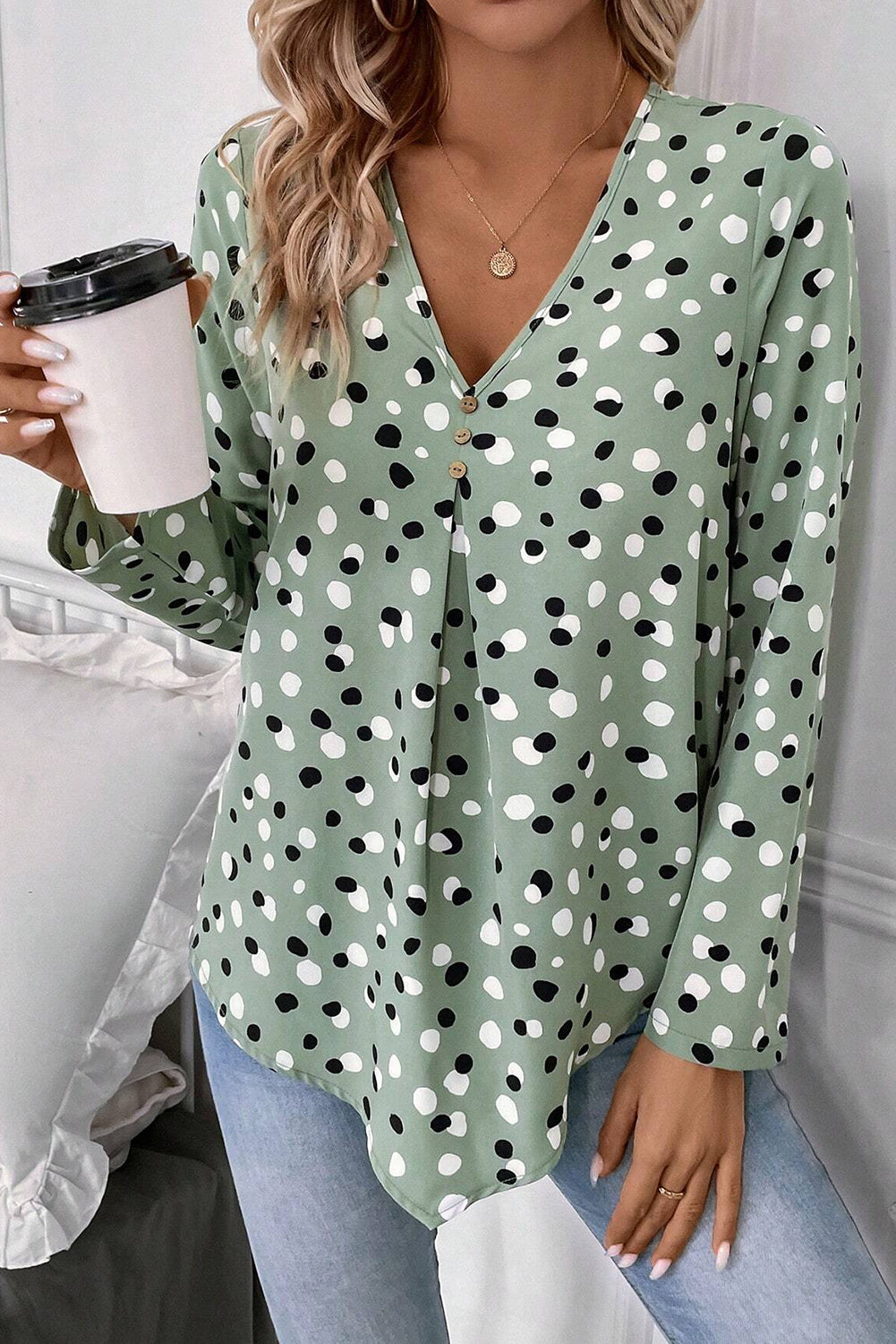 White Polka Dot Print Button Front V Neck Blouse