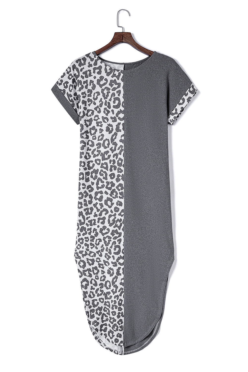 Black Contrast Solid Leopard Short Sleeve T-shirt Dress with Slits