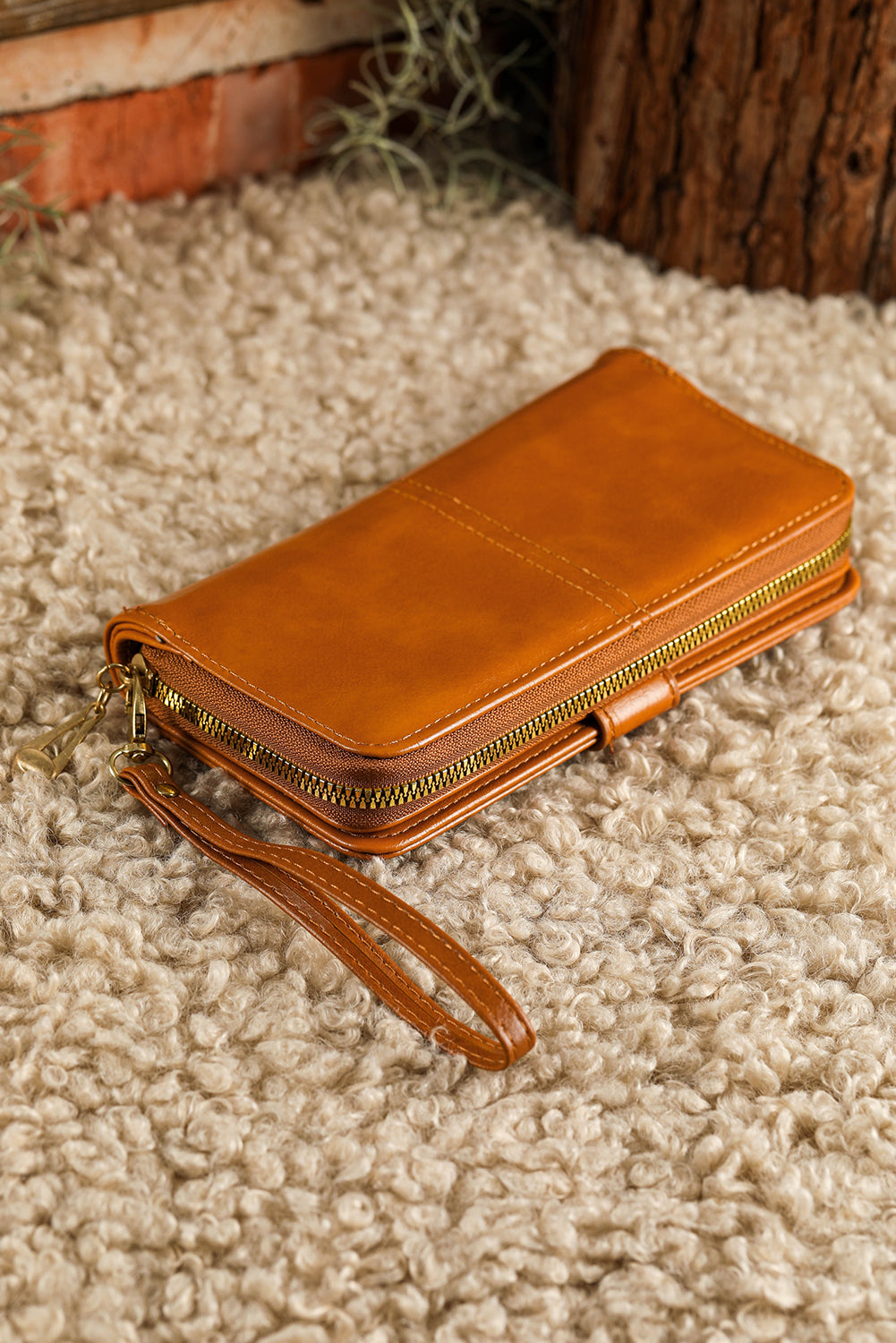 Cinnamon Faux Leather Zip Around Long Wristband Wallet