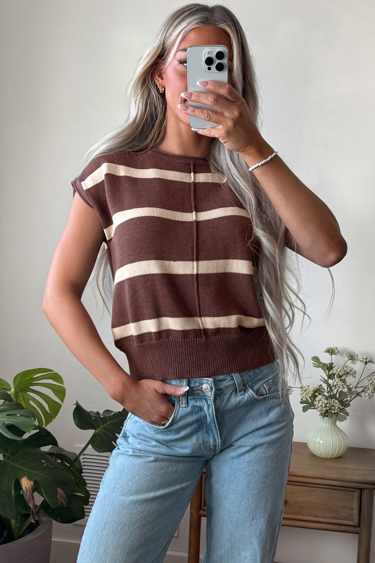 White Stripe Knit Western Short Sleeve Sweater