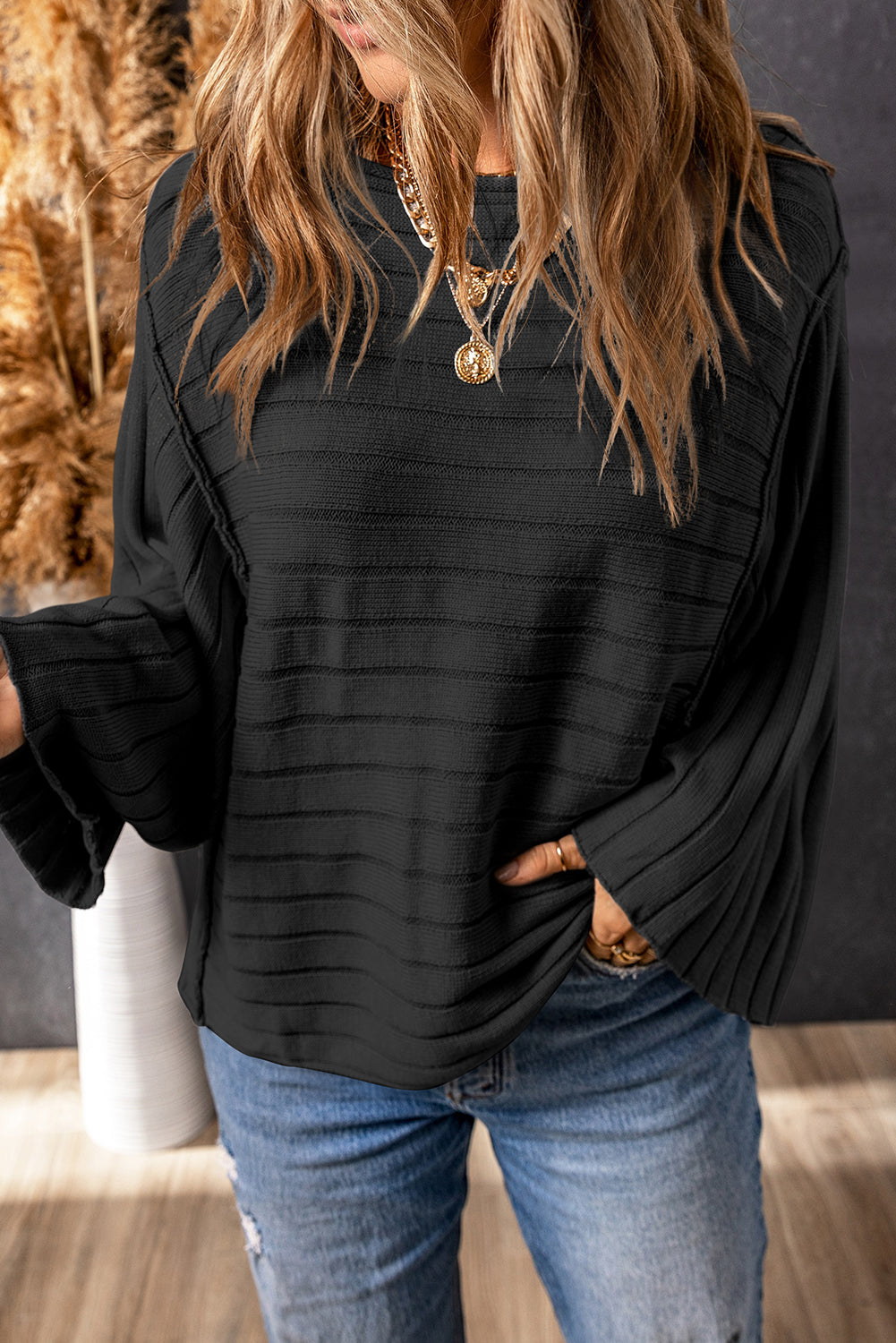 Gray Exposed Seam Ribbed Knit Dolman Top