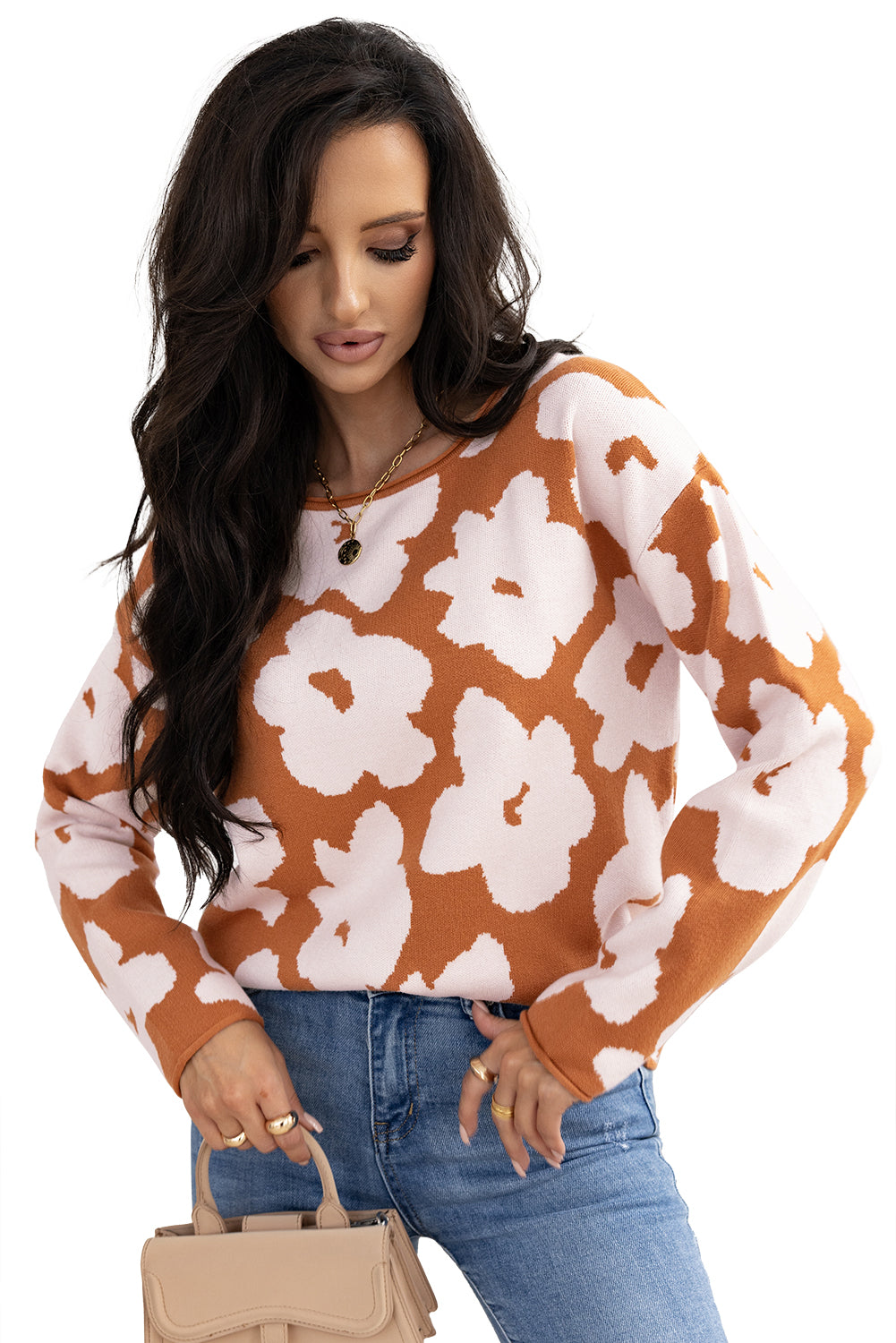 Brown Floral Pattern Crew Neck Long Sleeve Loose Sweater