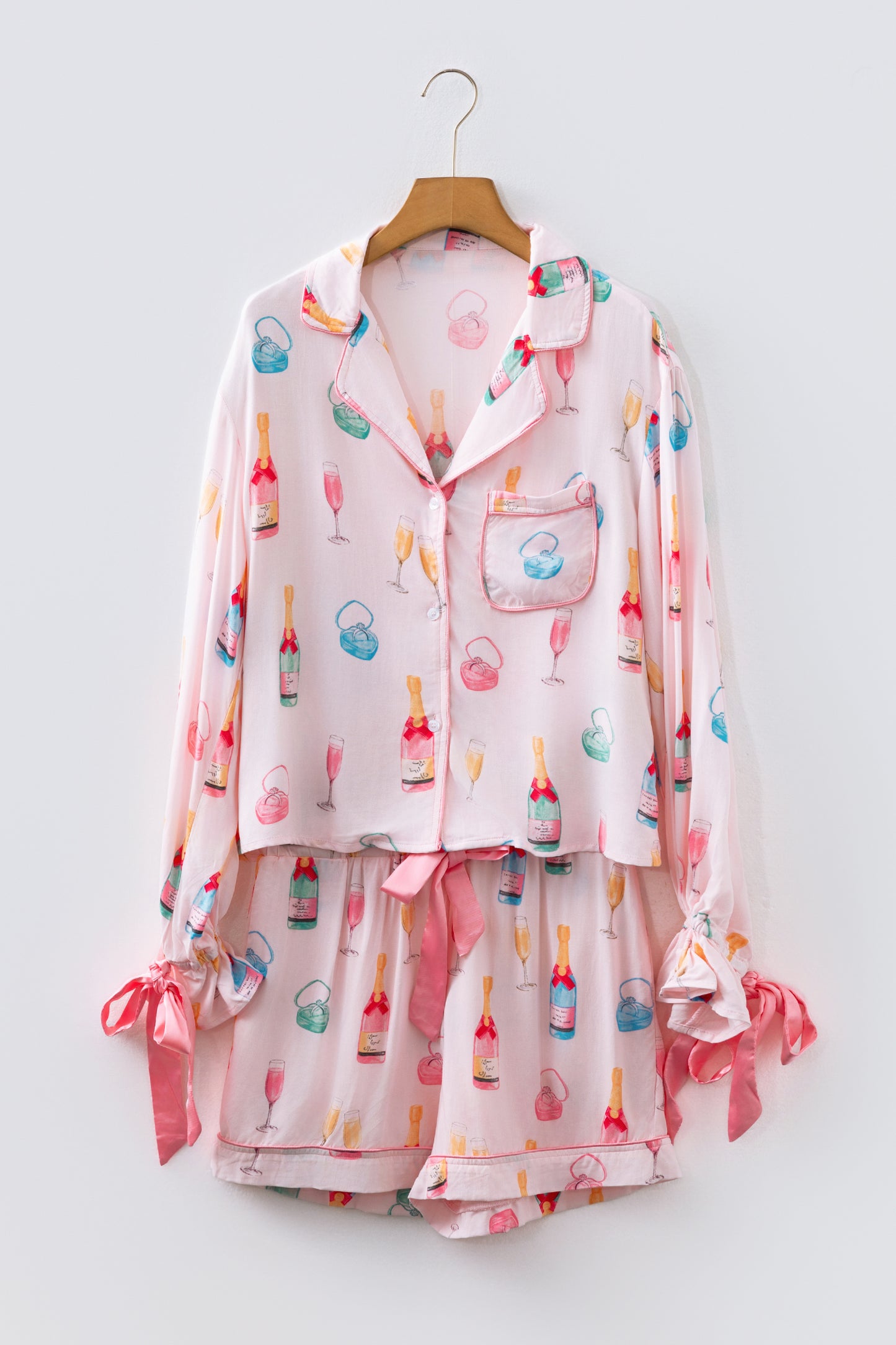 Color black Christmas Wine Glass Print Bow Knot Two Piece Pajama Set