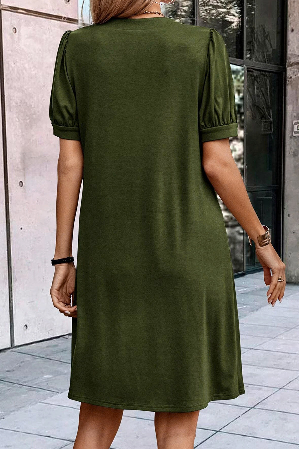 Black Notched Neck Pleated Puff Sleeve Shift T-shirt Dress