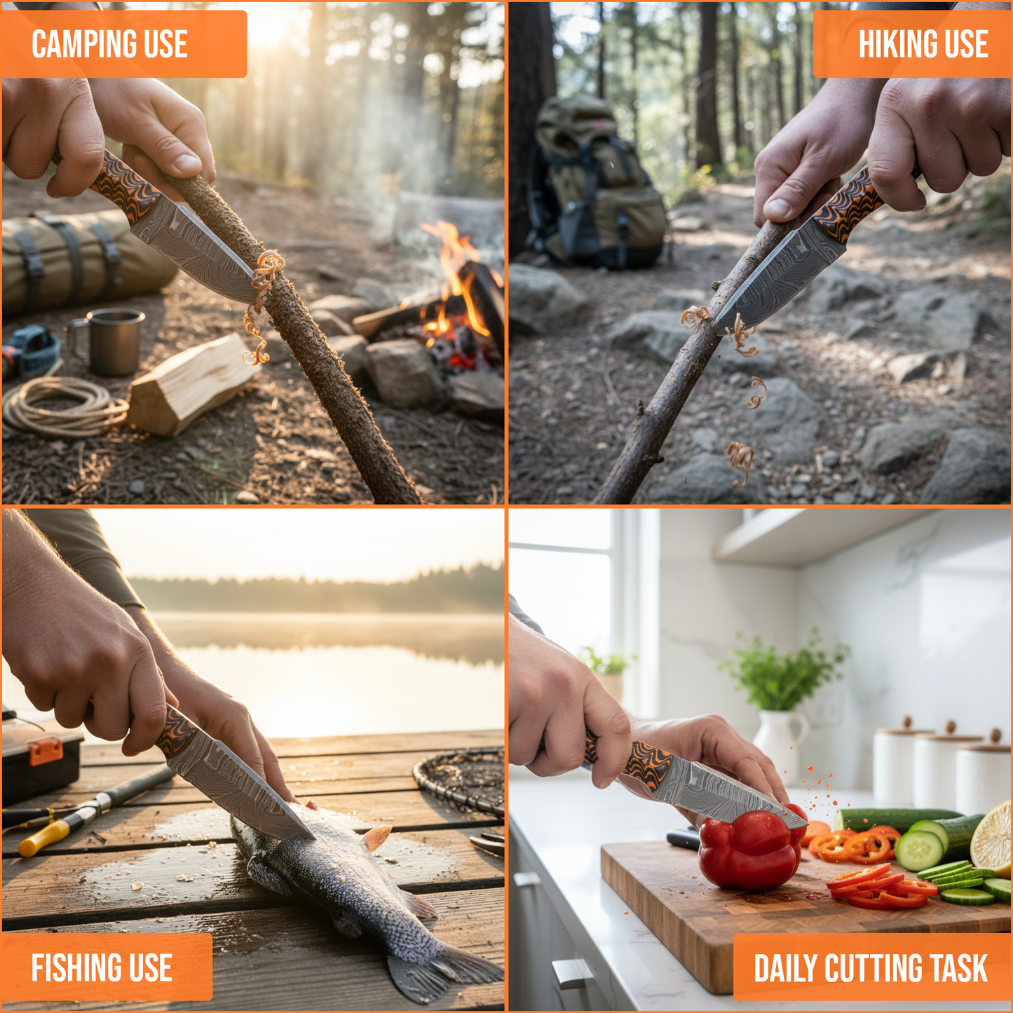 8' Damascus knife with leather sheath  Grooved handle