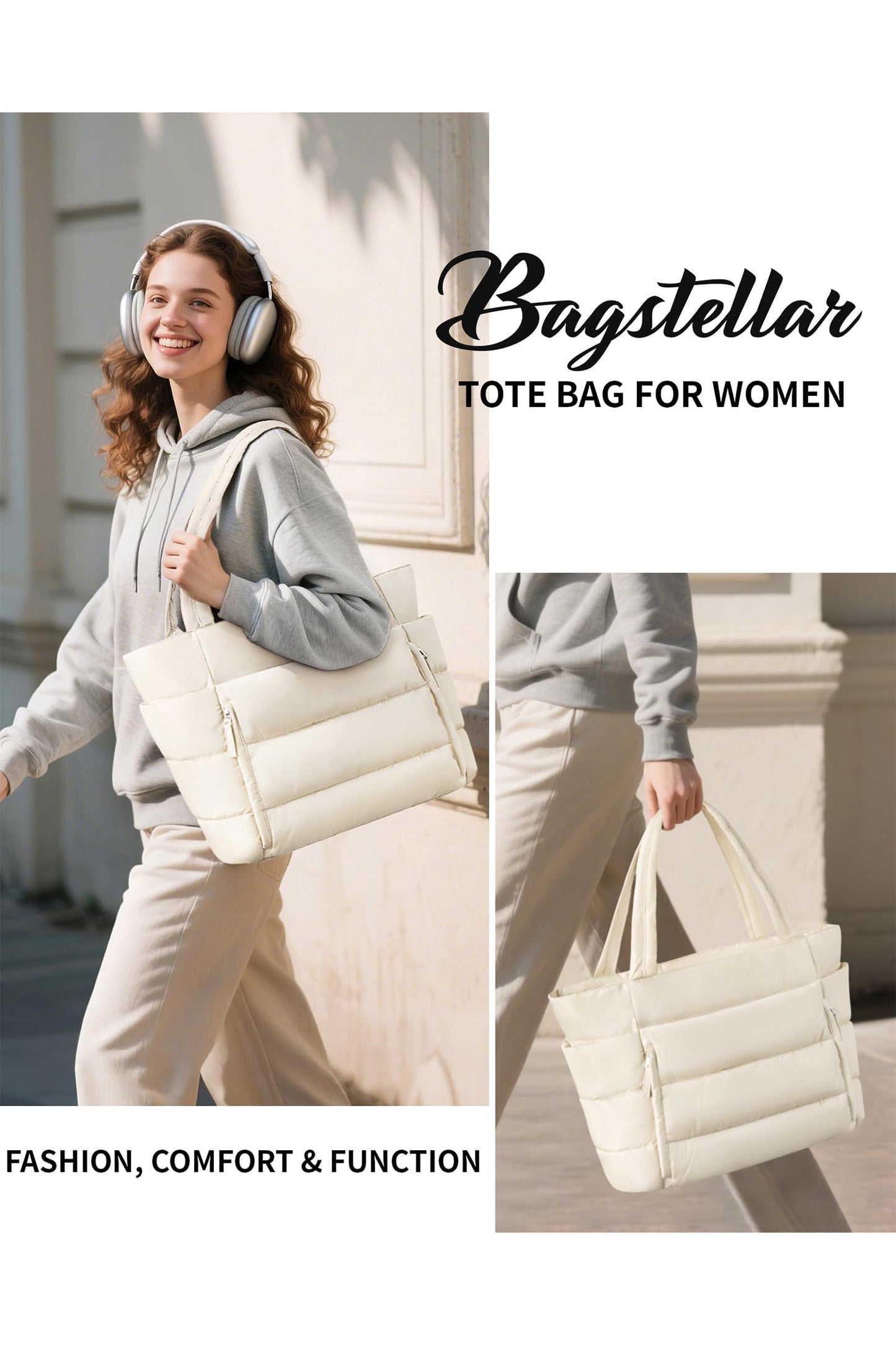 White Solid Color Puffy Quilted Large Tote Bag