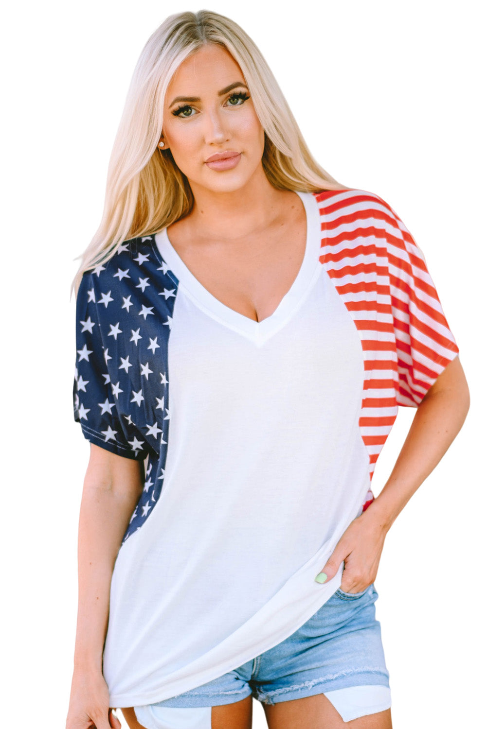 White The US Stars and Stripes V Neck Tee