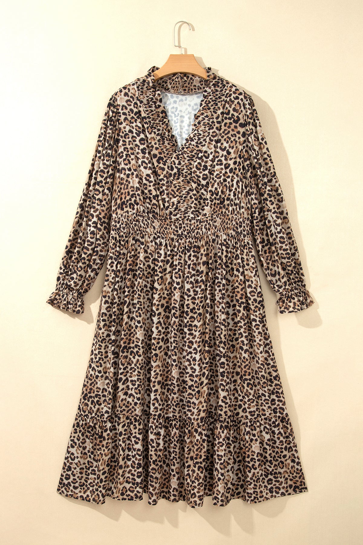 Brown Leopard Print V Neck Long Sleeve Gathered Waist Plus Size Dress