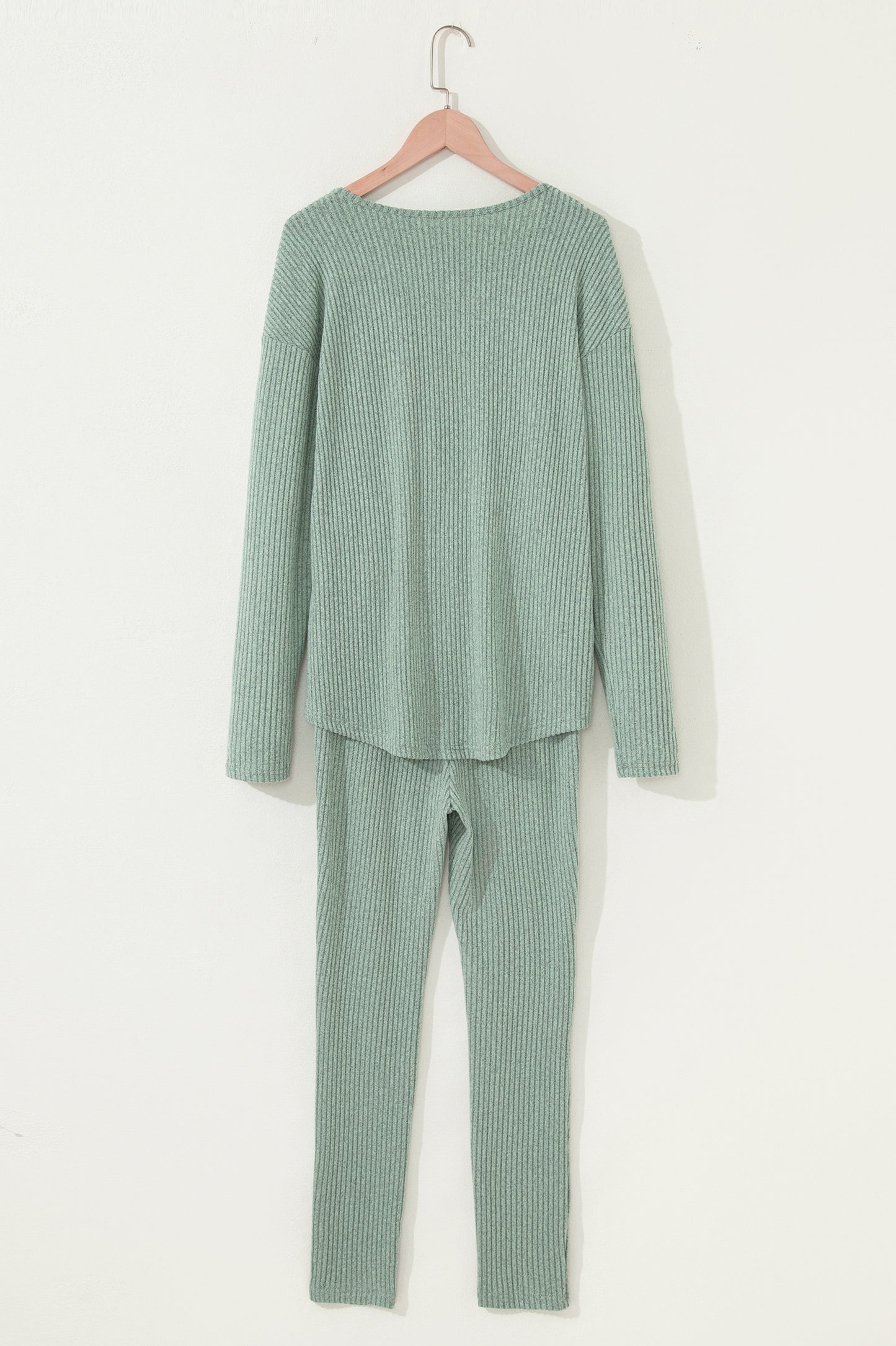 Racing Red Ribbed Notched Neck Knit Long Sleeve Leggings Two Pieces Lounge Set