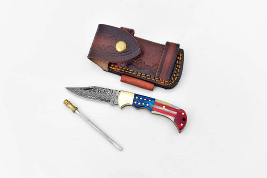 Damascus Steel Pocket Knife Titan Patriot