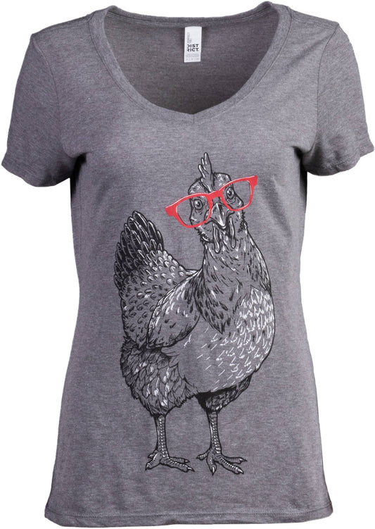 Chicken Wearing Glasses Funny Women V-neck T-shirt