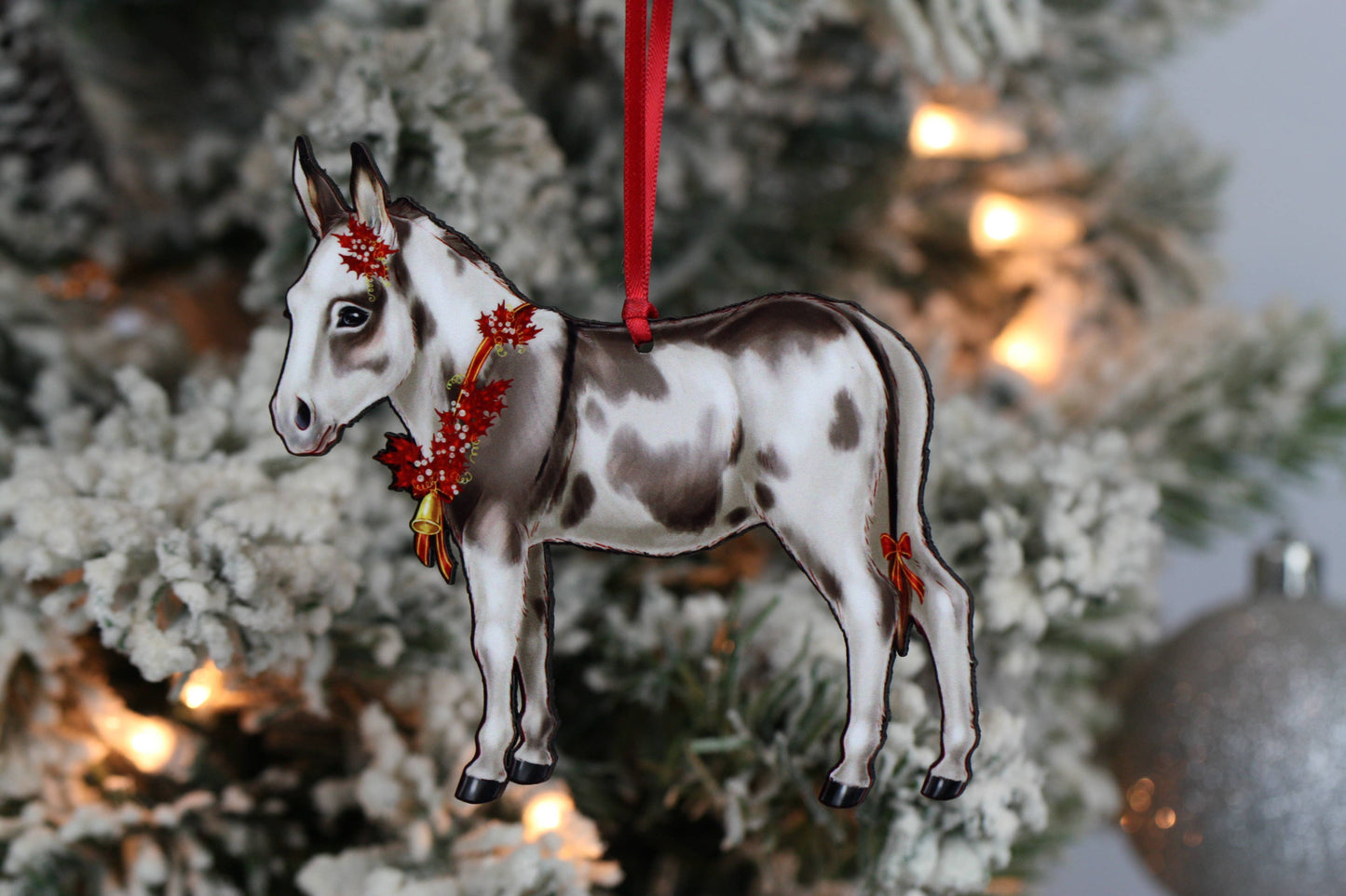 Spotted Gray and White Miniature Donkey Christmas Ornament