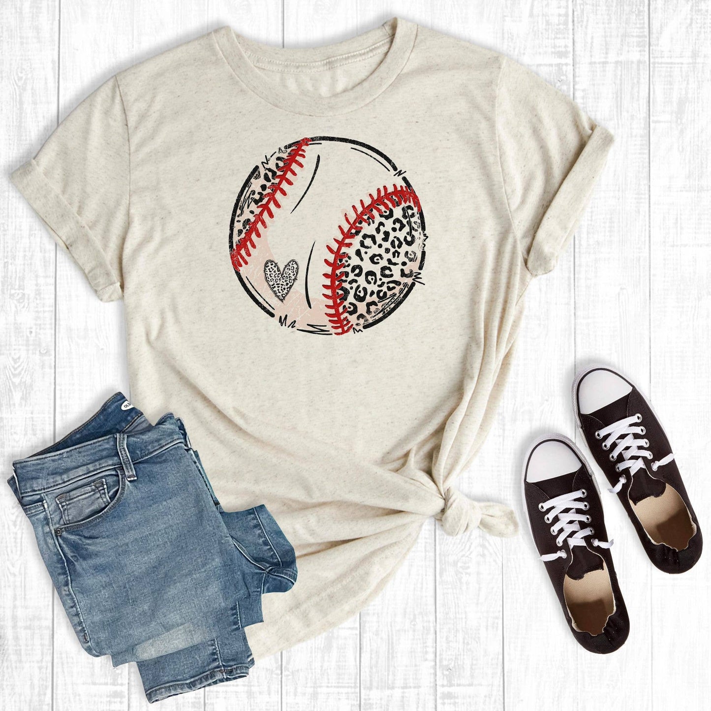 Leopard Baseball Heart Tee in Cream