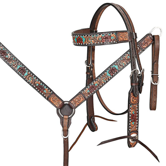 Western Horse Headstall Breast Collar Leather Brown