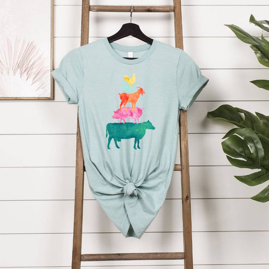 Watercolor Farm Animals Dusty Blue Tee