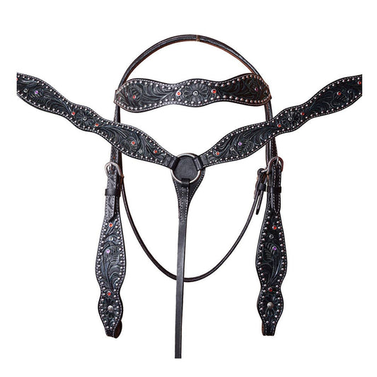 Horse Leather Headstall & Breast Collar Set Floral Black